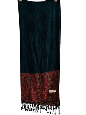 Vintage Cashmere 100% Dark Teal Paisley Fringe Scarf Shawl